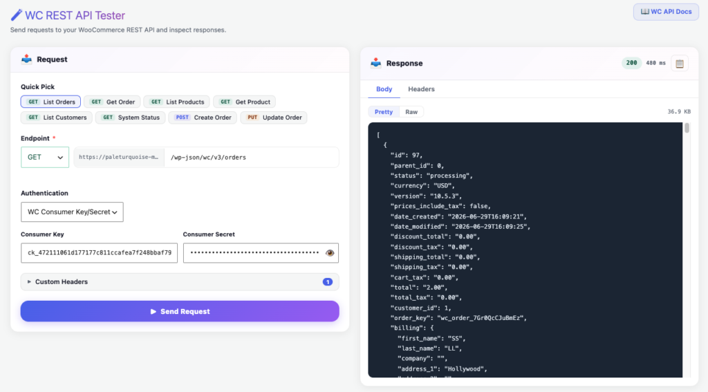 WooCommerce REST API JSON response example