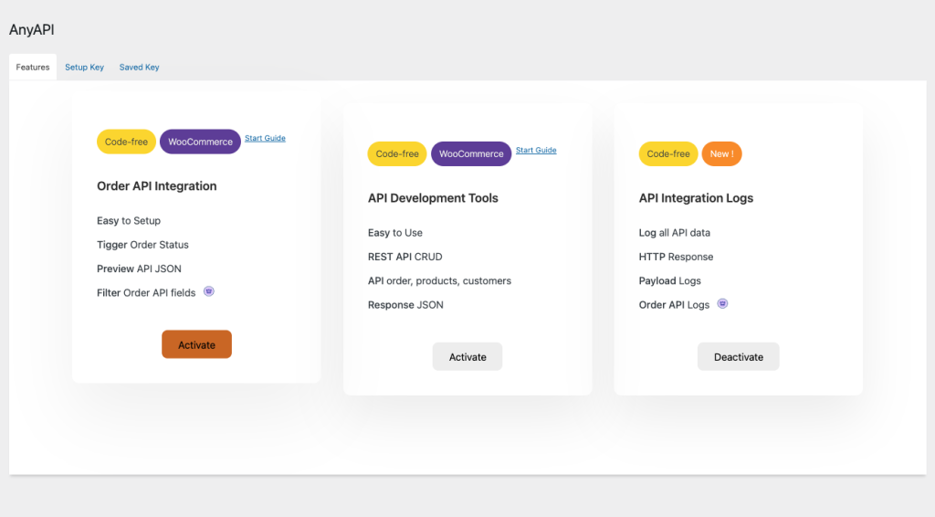 Activate WooCommerce API plugin features screenshot for Order API