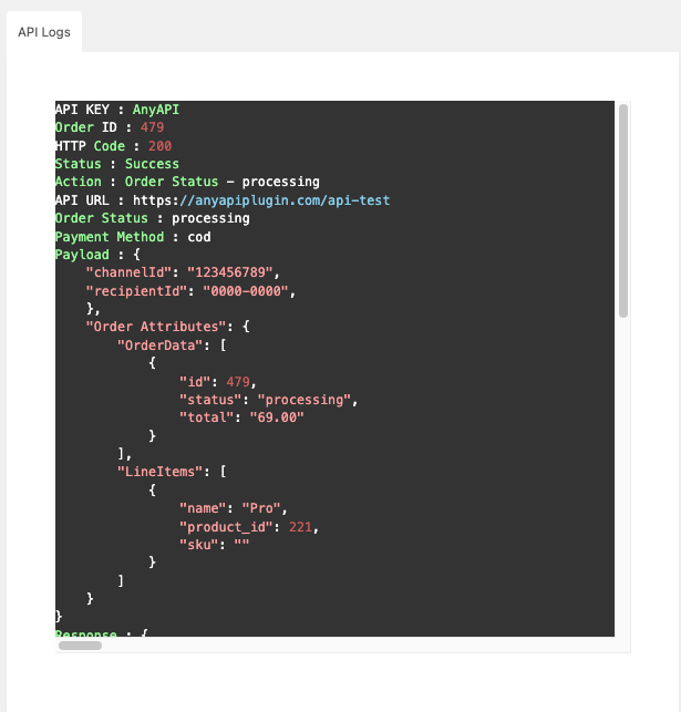 API connection log example