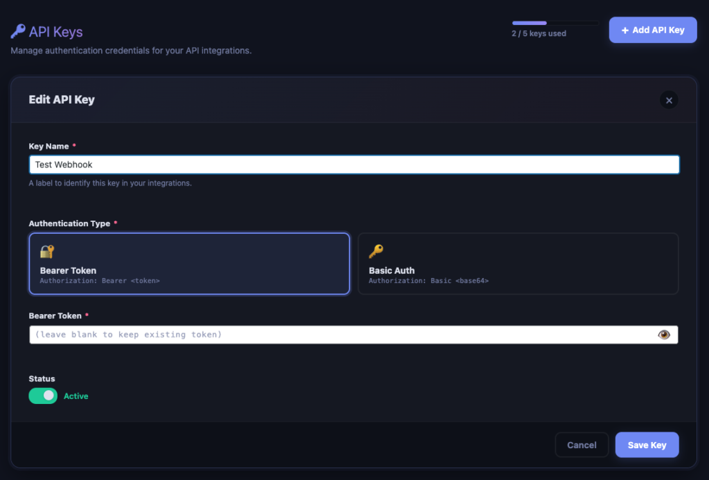 AnyAPI API Key management page with Bearer Token setup