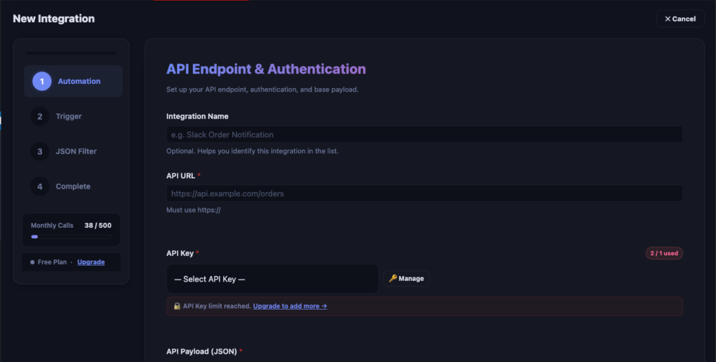 AnyAPI integration setup wizard with endpoint URL and JSON payload configured