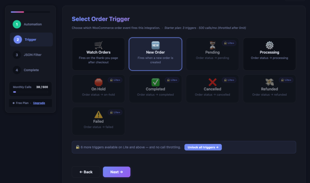 WooCommerce order trigger selection in AnyAPI integration setup wizard