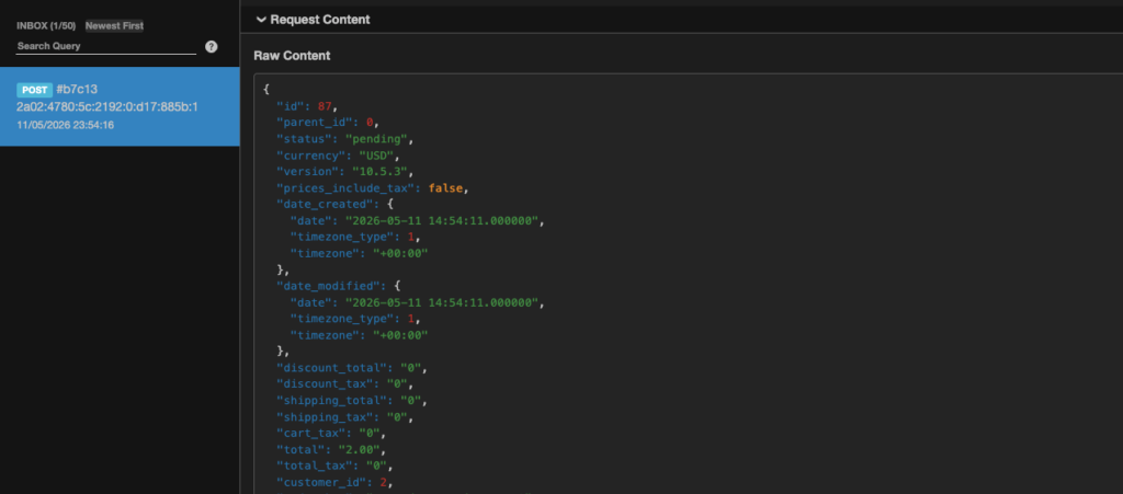 webhook.site displaying received WooCommerce order data from AnyAPI integration