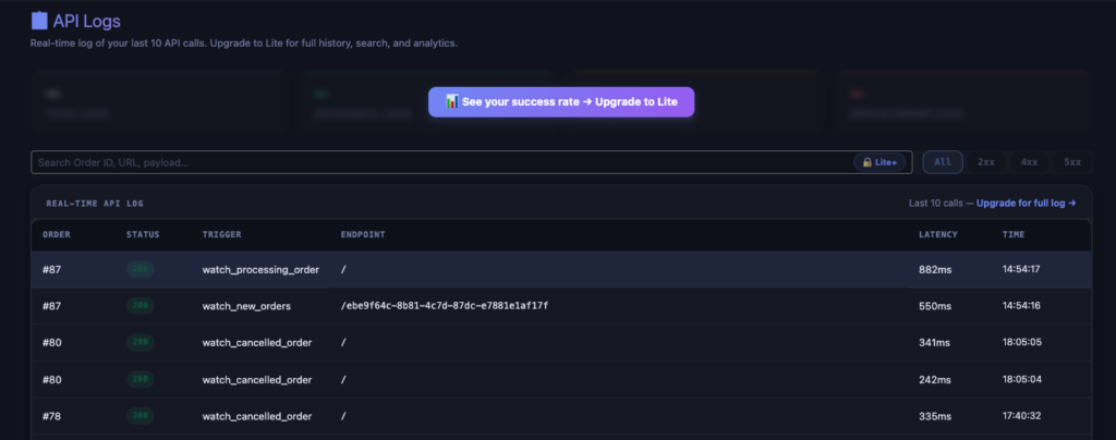 AnyAPI API Logs showing successful WooCommerce API integration call
