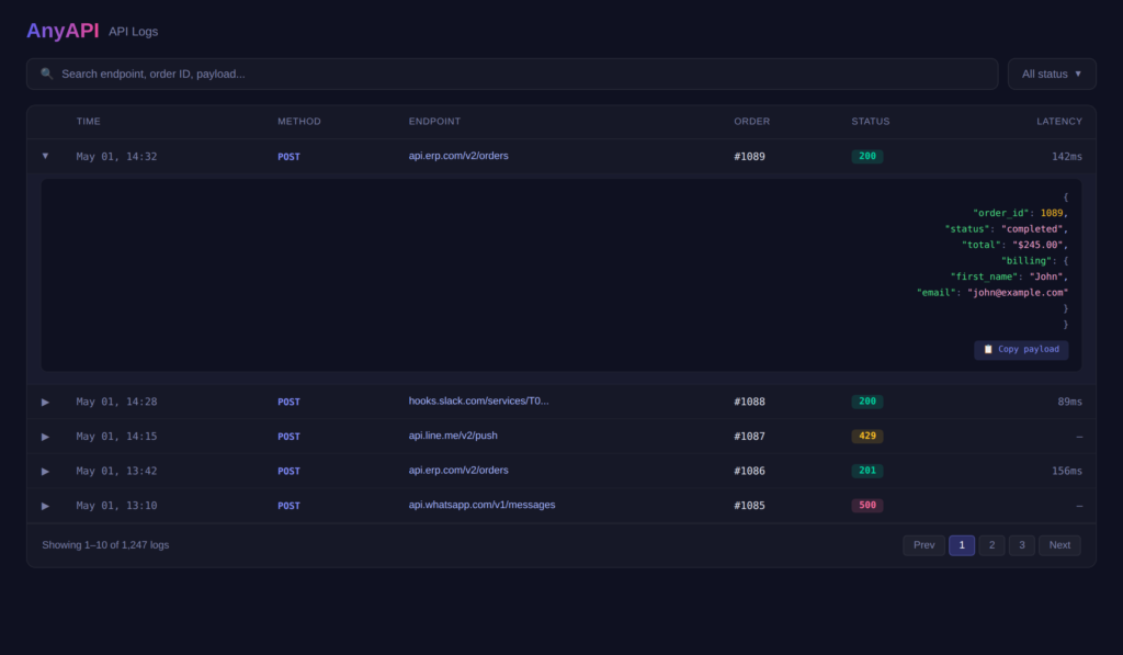 API call log entries with HTTP status codes