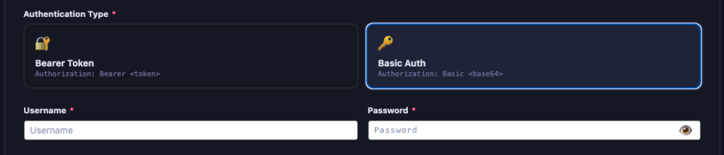Basic Auth credential fields for API key management in AnyAPI