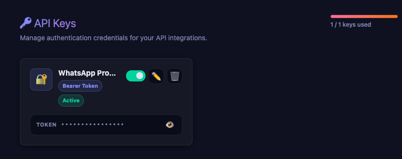 Saved API key card showing name, type, and status