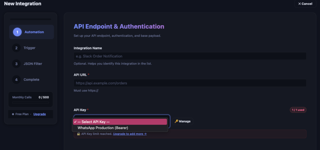 Order API Integration form showing API key management dropdown with stored keys