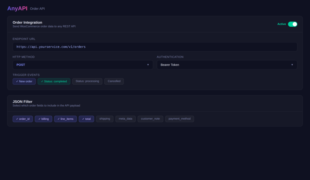 AnyAPI Order API Integration page with saved integrations