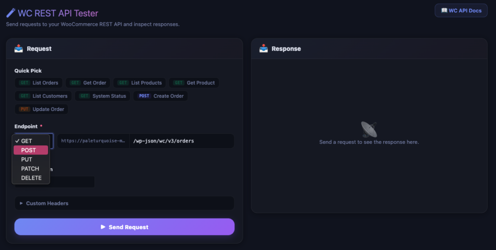 Quick-pick endpoint dropdown in the REST API tester