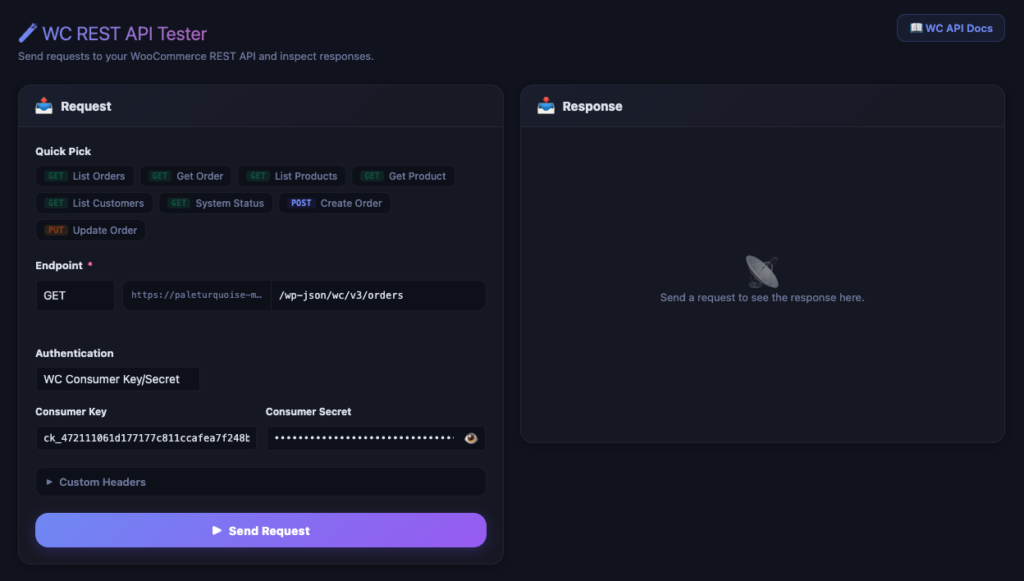 Authentication fields showing WC Consumer Key and Secret inputs