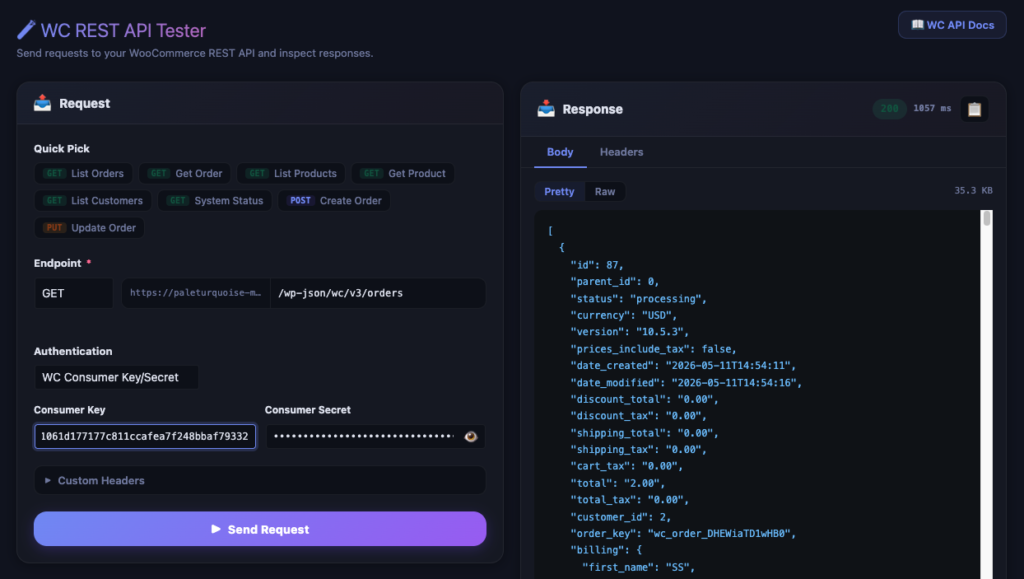 API tester response showing 200 status badge and formatted JSON order data