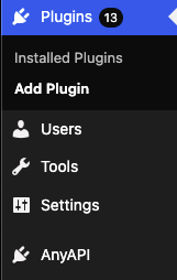 AnyAPI menu item visible in the WordPress sidebar after activation