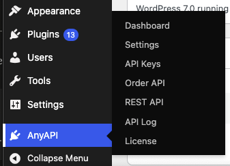 AnyAPI Dashboard with API Keys, Order API, API Logs, and REST API Tester tabs