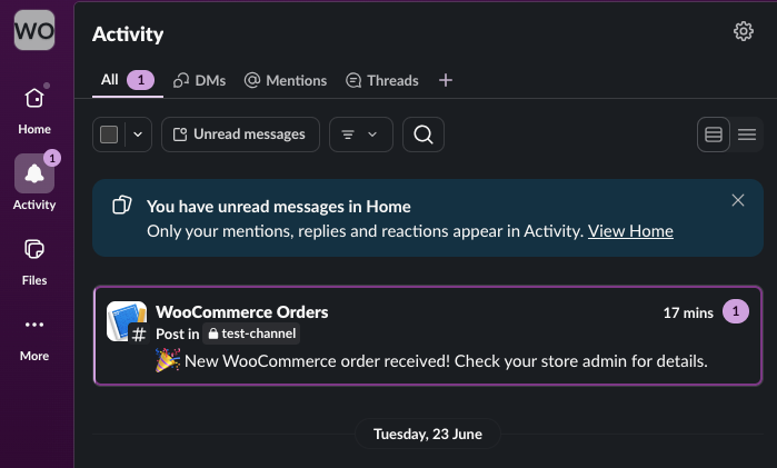WooCommerce Slack notification setup result showing a new order alert in Slack