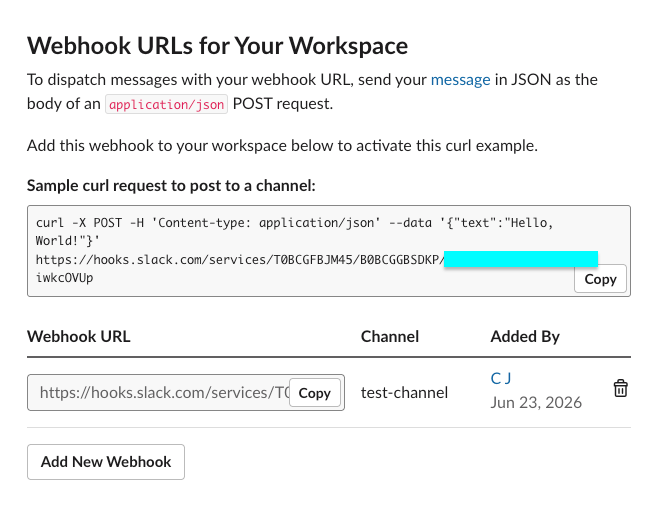 Slack workspace incoming webhook configuration page
