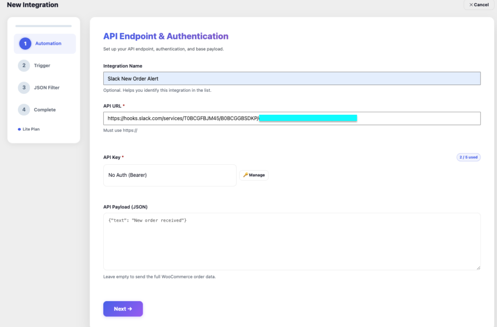 AnyAPI API Key management page showing a placeholder key entry - Slack notification setup