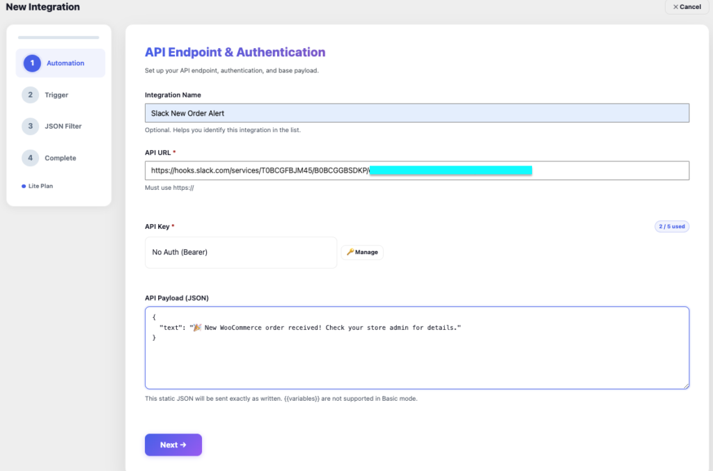 AnyAPI Order API Automation step configured for WooCommerce Slack notification setup