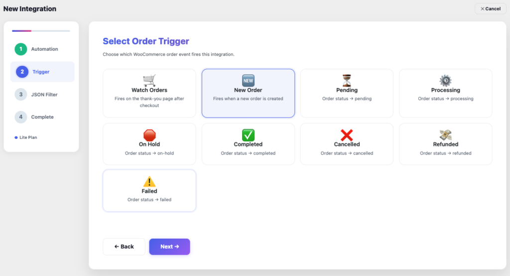 AnyAPI Select Order Trigger step showing New Order option