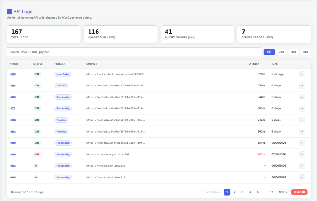 AnyAPI logs page showing a successful HTTP 200 response