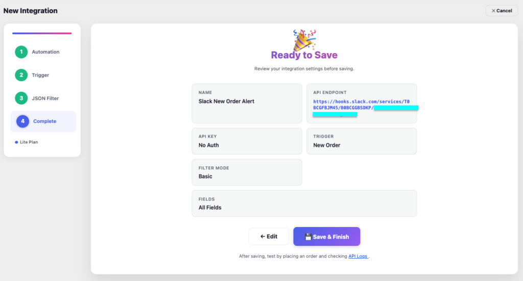 AnyAPI integration review screen before saving