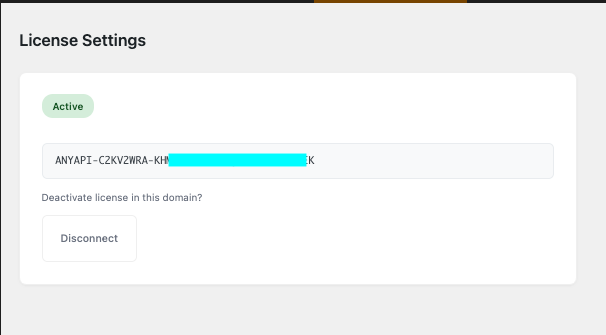 AnyAPI license page confirming an active license