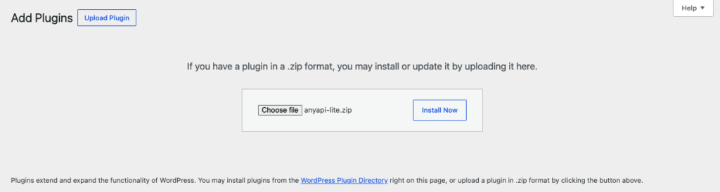 Uploading the AnyAPI Lite plugin zip in WordPress