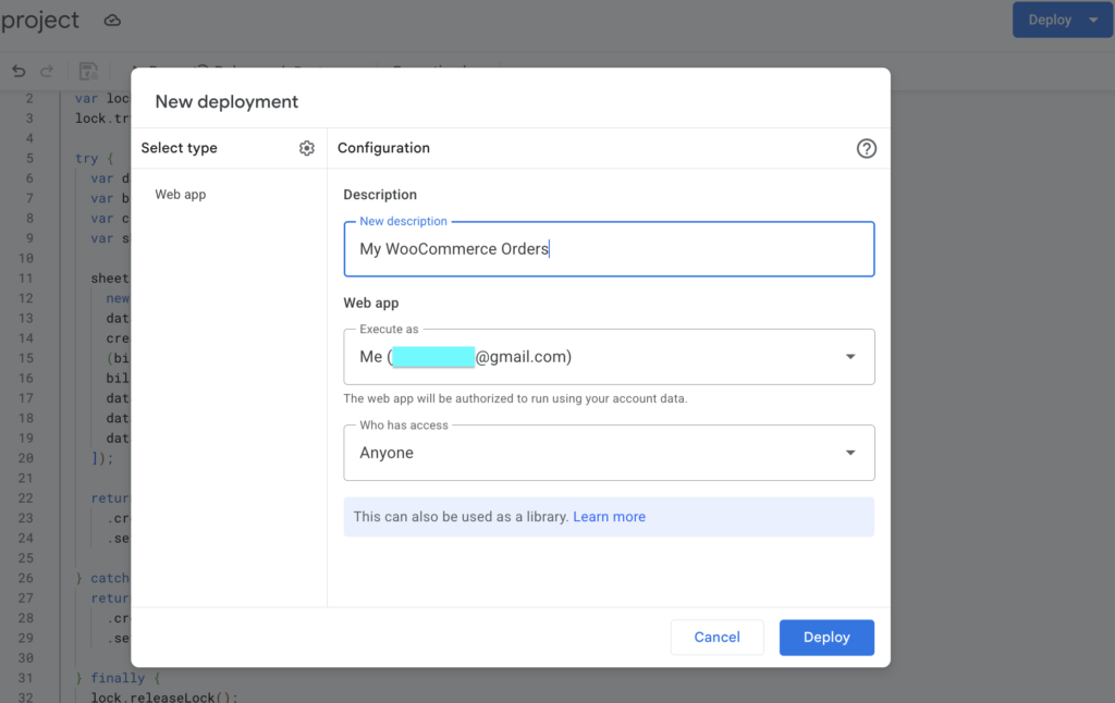 Deploying a Google Apps Script Web App for a WooCommerce Google Sheets log