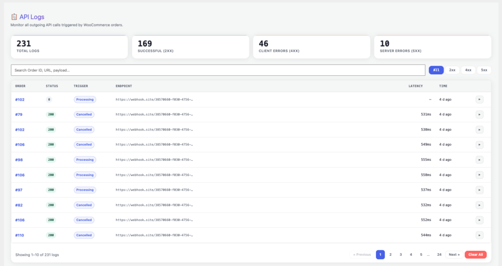 Lite plan API log dashboard with search and filter controls