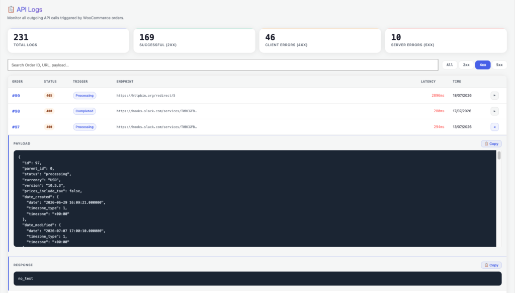 Diagnosing a failed WooCommerce order API integration using the response column