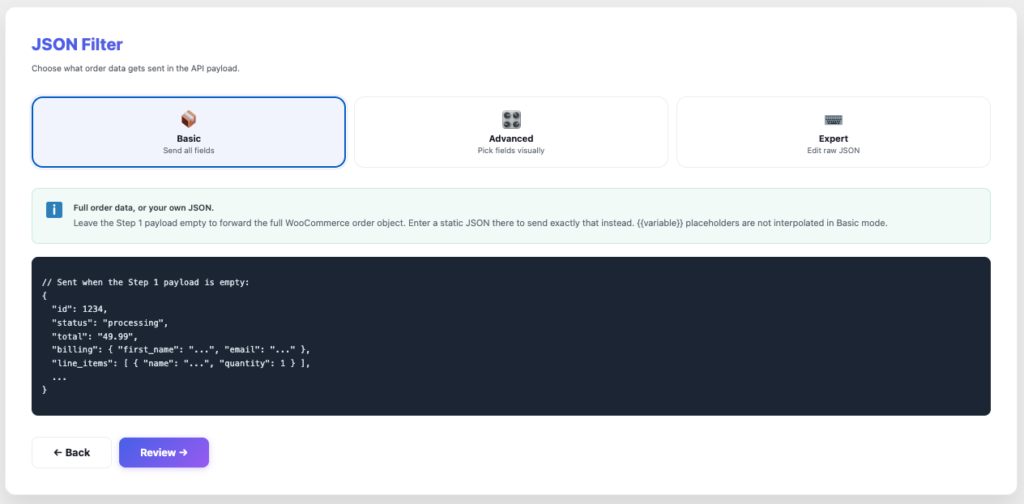 WooCommerce JSON filter mode selector in AnyAPI