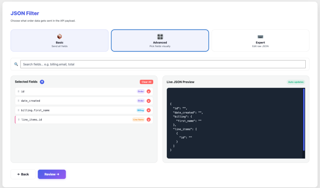 Advanced WooCommerce JSON filter with nested field selection
