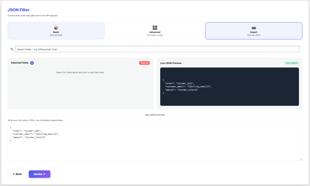 Expert mode custom JSON payload with WooCommerce JSON filter variables